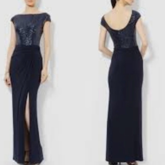 Ralph Lauren Evening sequins cap sleeves navy blue 
maxi Elegant Gown Size:16 - Picture 1 of 14